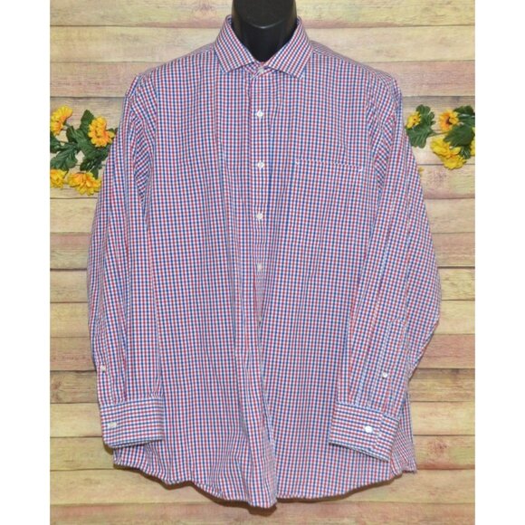 Tommy Hilfiger 17.5 34/35 Regular Fit Dress Shirt Red Blue Plaid Cotton Button - Picture 1 of 10